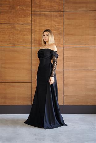 Dantelli Uzun Önü Yırtmaçlı Siyah Abiye