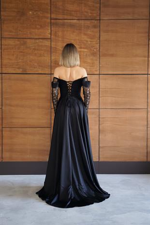 Dantelli Uzun Önü Yırtmaçlı Siyah Abiye