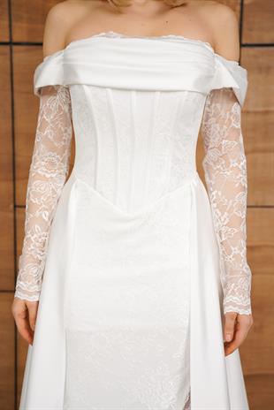 Dantelli Uzun Önü Yırtmaçlı Beyaz Abiye