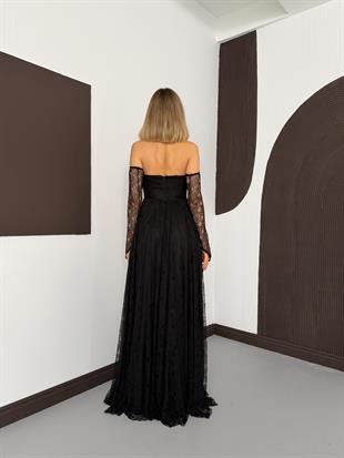 Bolerolu İşlemeli Siyah Dantelli Abiye