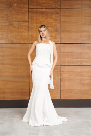 Straplez Üstü Taş Aksesuarlı BeyazAbiye