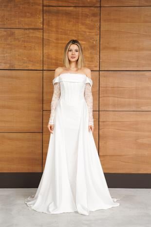 Dantelli Uzun Önü Yırtmaçlı Beyaz Abiye