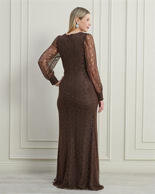 Önü Taşlı Dantelli Uzun Kahverengi Büyük Beden Abiye