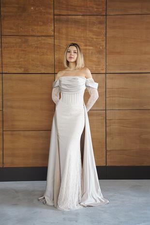 	Dantelli Uzun Önü Yırtmaçlı Taş Rengi Abiye