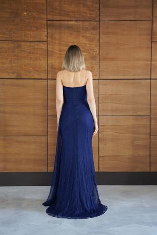 Straplez Önü Bağcıklı Dantelli Lacivert Abiye