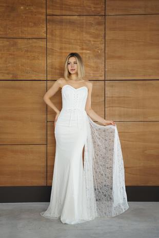 Straplez Önü Bağcıklı Dantelli Beyaz Abiye