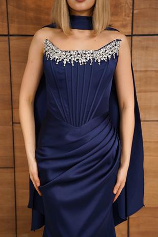 Straplez Üst Taş Aksesuarlı Saten Lacivert Abiye