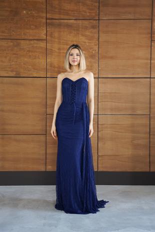 Straplez Önü Bağcıklı Dantelli Lacivert Abiye