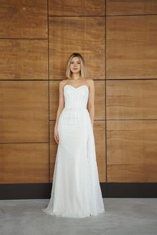 Straplez Önü Bağcıklı Dantelli Beyaz Abiye