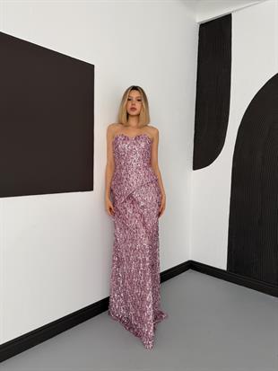 	Payet Boncuk İşlemeli Dantelli Pudra Abiye