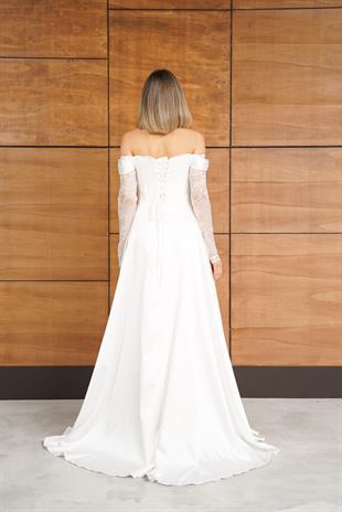 Dantelli Uzun Önü Yırtmaçlı Beyaz Abiye