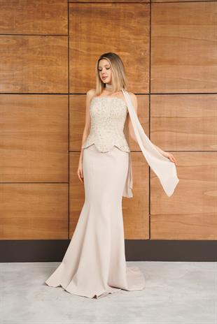 Straplez Üstü Taş Aksesuarlı Gold Siyah Abiye