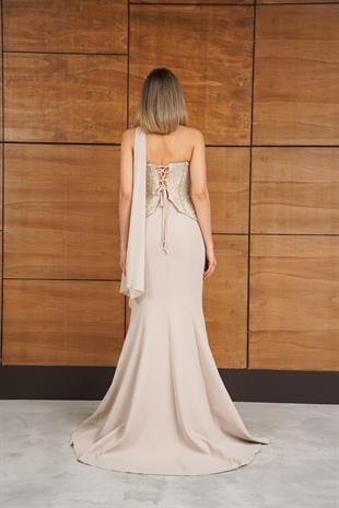 Straplez Üstü Taş Aksesuarlı Gold Siyah Abiye