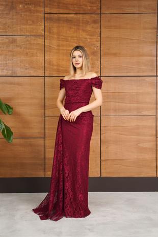 	Düşük Kol Drapeli Önden Yırtmaçlı Dantelli Bordo Abiye