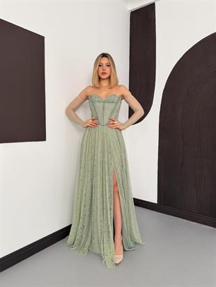 Bolerolu İşlemeli Mint Yeşili Dantelli Abiye