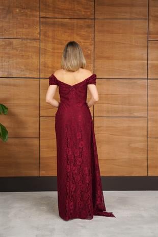 	Düşük Kol Drapeli Önden Yırtmaçlı Dantelli Bordo Abiye