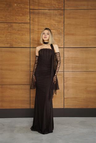 Balenli Önü İşlemeli Dantel Kahverengi Abiye