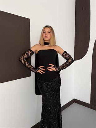 Üstü Krep Eteği Dantel payet boncuk İşlemeli Siyah Abiye