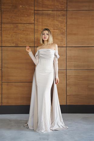 	Dantelli Uzun Önü Yırtmaçlı Taş Rengi Abiye