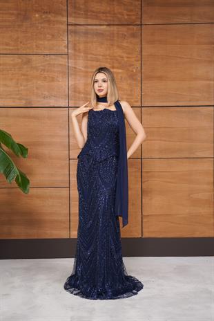 Boncuk İşlemeli İkili Straplez Yaka Lacivert Abiye