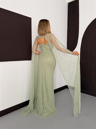 Pelerinli Taşlı Dantelli Mint Yeşili Abiye