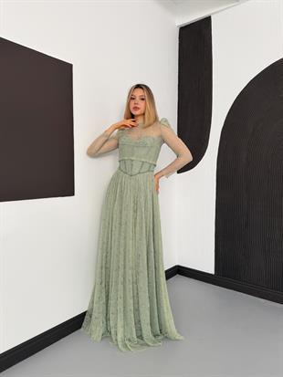 Bolerolu İşlemeli Mint Yeşili Dantelli Abiye