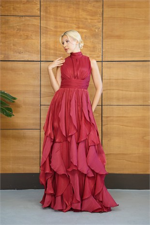 Halter Yaka Eteği Fırfırlı Bordo Abiye