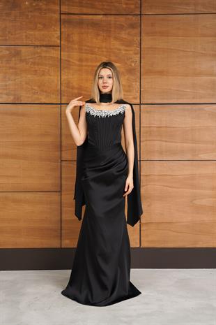 Straplez Üst Taş Aksesuarlı Saten Siyah Abiye