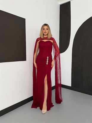 Pelerinli Taşlı Dantelli Kırmızı Abiye