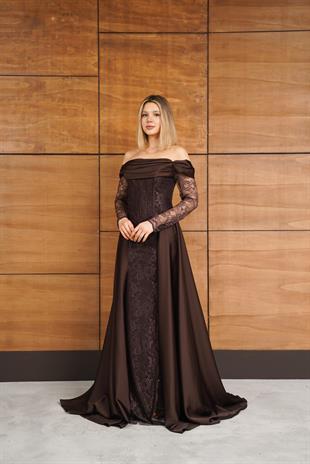 Dantelli Uzun Önü Yırtmaçlı Kahverengi Abiye