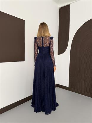 Bolerolu İşlemeli Lacivert Dantelli Abiye