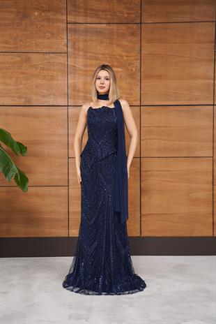 Boncuk İşlemeli İkili Straplez Yaka Lacivert Abiye