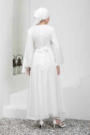Kolları Piliseli Beyaz Tesettür Abiye Elbise