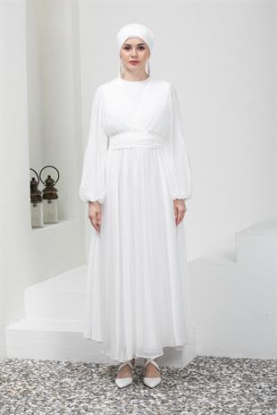 Kolları Piliseli Beyaz Tesettür Abiye Elbise