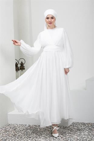 Kolları Piliseli Beyaz Tesettür Abiye Elbise