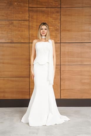 Straplez Üstü Taş Aksesuarlı BeyazAbiye