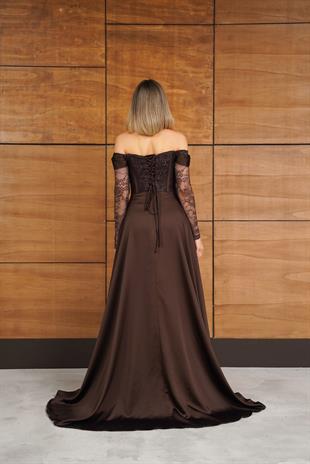 Dantelli Uzun Önü Yırtmaçlı Kahverengi Abiye