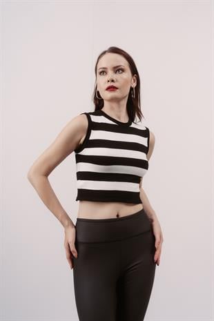 Siyah Çizgili Crop Bluz