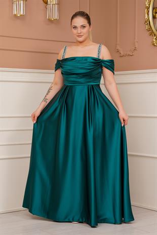 Askılı  Drapeli Yeşil Büyük Beden Abiye