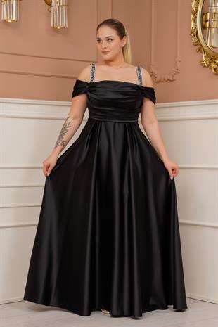 Askılı Drapeli Siyah Büyük Beden Abiye