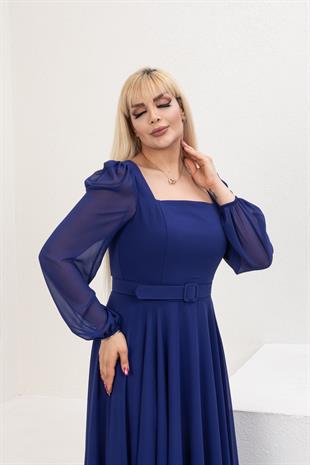 Kare Yaka Büyük Beden Mavi Abiye Elbise 