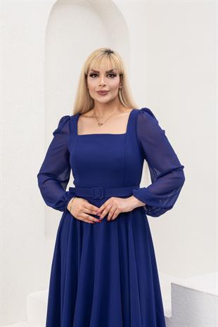Kare Yaka Büyük Beden Mavi Abiye Elbise 
