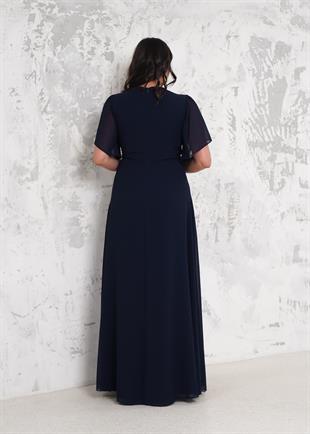 Lacivert V Yaka Önü İşlemeli Büyük Beden Abiye Elbise