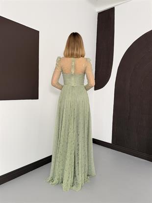 Bolerolu İşlemeli Mint Yeşili Dantelli Abiye