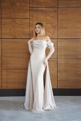 	Dantelli Uzun Önü Yırtmaçlı Taş Rengi Abiye