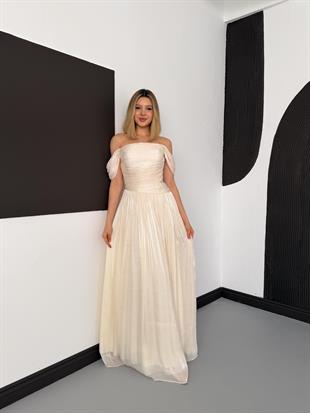 Düşük Kol Drapeli Bej Abiye