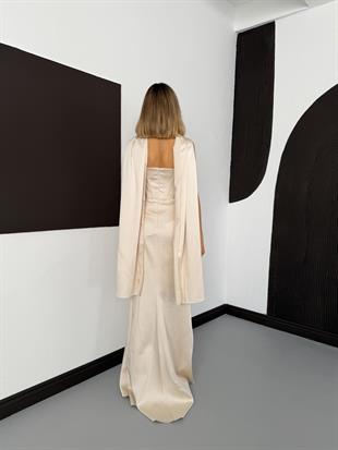 Straplez Üst Taş Aksesuarlı Saten Bej Abiye