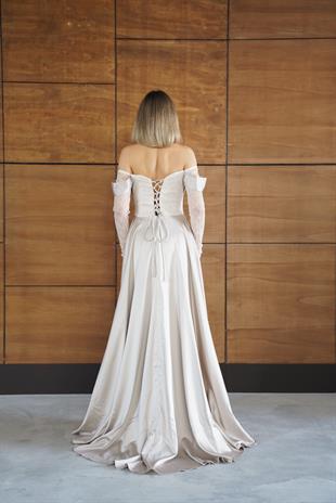 	Dantelli Uzun Önü Yırtmaçlı Taş Rengi Abiye