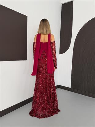 Üstü Krep Eteği Dantel payet boncuk İşlemeli Kırmızı Abiye