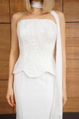 Straplez Üstü Taş Aksesuarlı BeyazAbiye